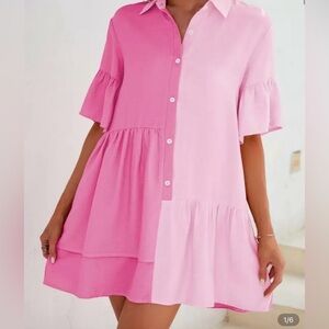 Pink Colorblock Button-Down Dress